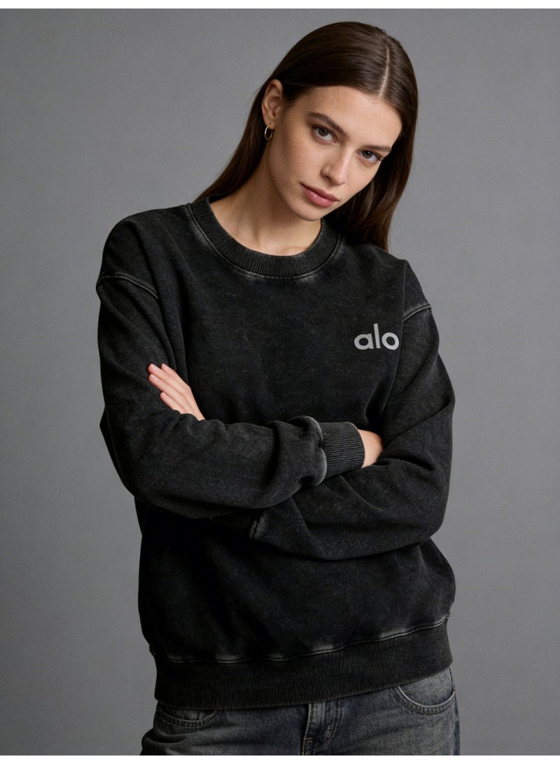Alo Yoga Alo Washed Black Crewneck Sweatshirt - Unisex Oversized Fit, Soft Breathable Cotton Fabric, Minimalist  Logo, Popular Youth Sport  Casual Top (Saudi) - Image 4